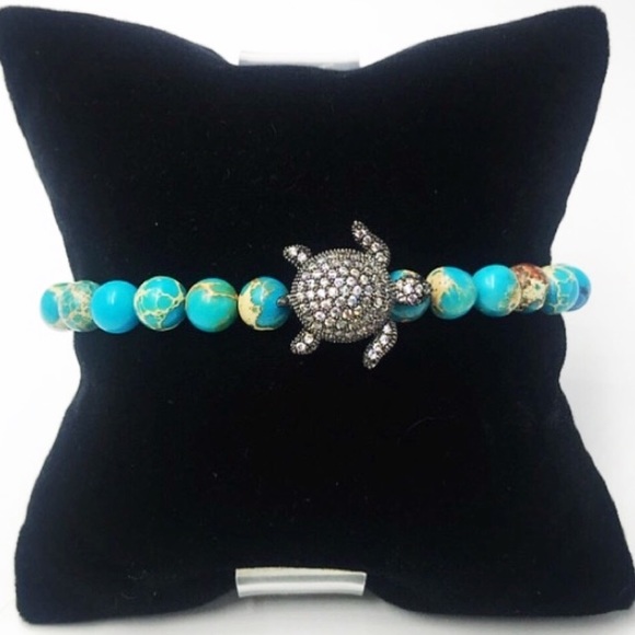 Blue sea jasper & black rodhium cz turtle bracelet - Picture 2 of 8